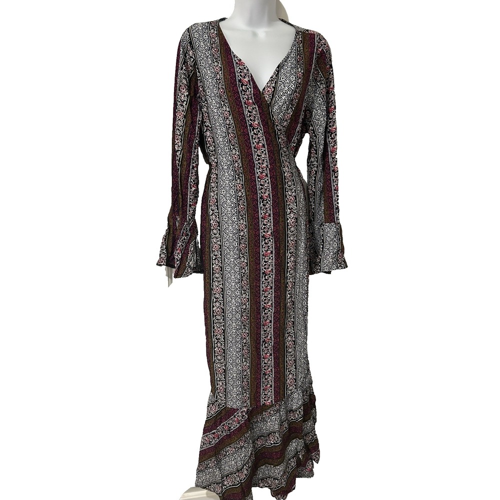 R. Vivimos Wrap Maxi Dress Sz L Purple Floral Long Bell Slvs Boho Ruffle Hem NWT